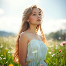 A beautiful young woman with long, flowing hair and an innocent look, standing in a sun-dappled meadow