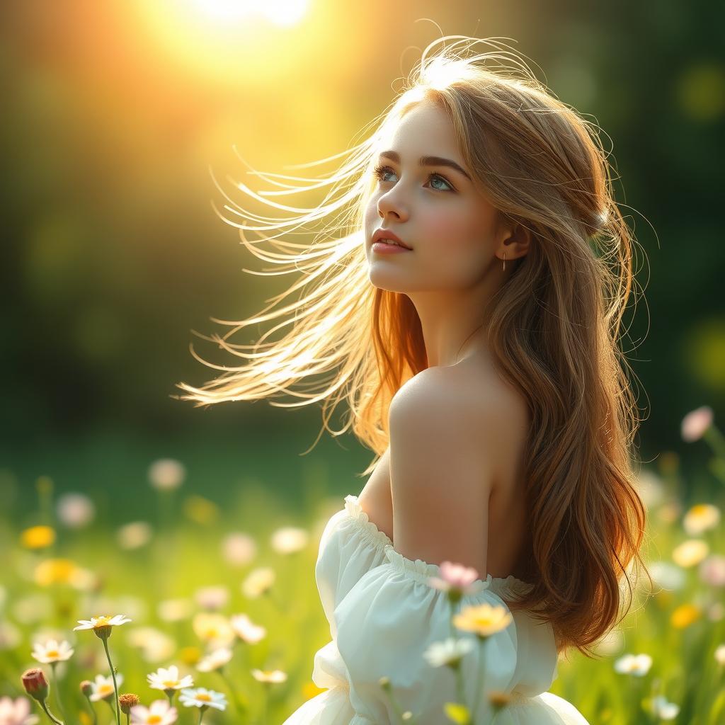 A beautiful young woman with long, flowing hair and an innocent look, standing in a sun-dappled meadow