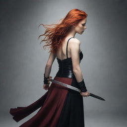 An elegant, slender woman with fiery red hair gracefully carrying a sword on her back.