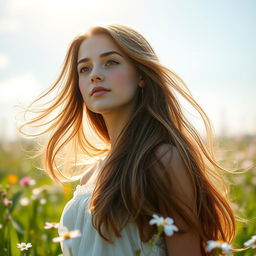 A beautiful young woman with long, flowing hair and an innocent look, standing in a sun-dappled meadow