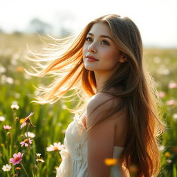 A beautiful young woman with long, flowing hair and an innocent look, standing in a sun-dappled meadow