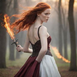 An elegant, slender woman with fiery red hair gracefully carrying a sword on her back.