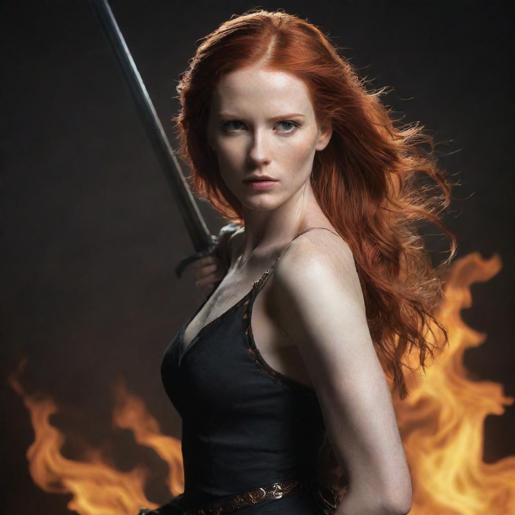 An elegant, slender woman with fiery red hair gracefully carrying a sword on her back.