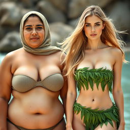 Two fair-skinned women, one a voluptuous 35-year-old Arab Muslim woman with large breasts, and the other a slim, chesty European woman with a mixed hairstyle