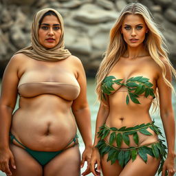 Two fair-skinned women, one a voluptuous 35-year-old Arab Muslim woman with large breasts, and the other a slim, chesty European woman with a mixed hairstyle