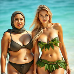 Two fair-skinned women, one a voluptuous 35-year-old Arab Muslim woman with large breasts, and the other a slim, chesty European woman with a mixed hairstyle