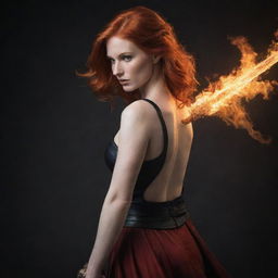 An elegant, slender woman with fiery red hair gracefully carrying a sword on her back.