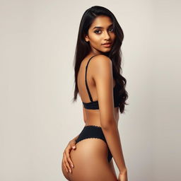 A beautiful Indian girl with a slender body, elegantly posed in black lingerie