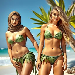 Two white-skinned women, a chesty 35-year-old Arab Muslim woman with a confident, direct gaze, and a slim hourglass European woman