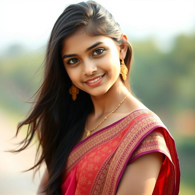 A picturesque portrait of a beautiful Indian teenage girl with a slender body, standing gracefully in a serene setting