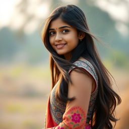 A picturesque portrait of a beautiful Indian teenage girl with a slender body, standing gracefully in a serene setting