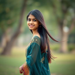 A picturesque portrait of a beautiful Indian teenage girl with a slender body, standing gracefully in a serene setting