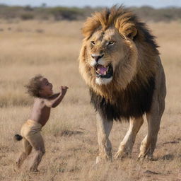 A brave person locked in a fierce struggle with a majestic, roaring lion in an open savanna