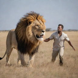 A brave person locked in a fierce struggle with a majestic, roaring lion in an open savanna