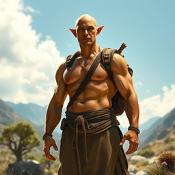 A tall Elven Monk standing stoically in the sunlight, showcasing his large muscles with fair but sun-kissed skin