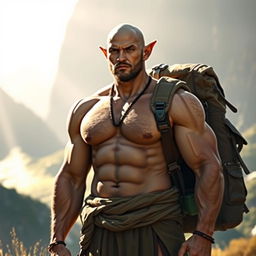 A tall Elven Monk standing stoically in the sunlight, showcasing his large muscles with fair but sun-kissed skin