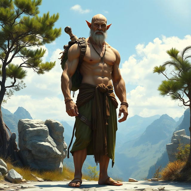 A tall Elven Monk standing stoically in the sunlight, showcasing his large muscles with fair but sun-kissed skin