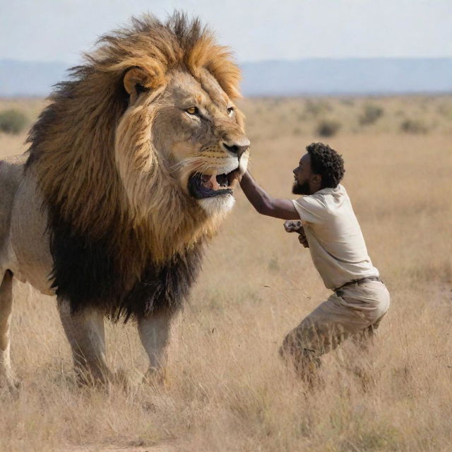 A brave person locked in a fierce struggle with a majestic, roaring lion in an open savanna