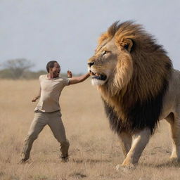 A brave person locked in a fierce struggle with a majestic, roaring lion in an open savanna