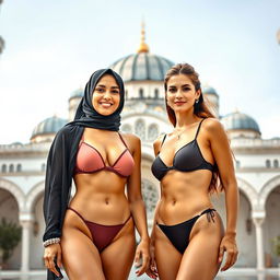 A chesty 35-year-old Arab Muslim woman with a white complexion and a slim, hourglass-shaped European woman standing together in a stylish bikini swimsuits