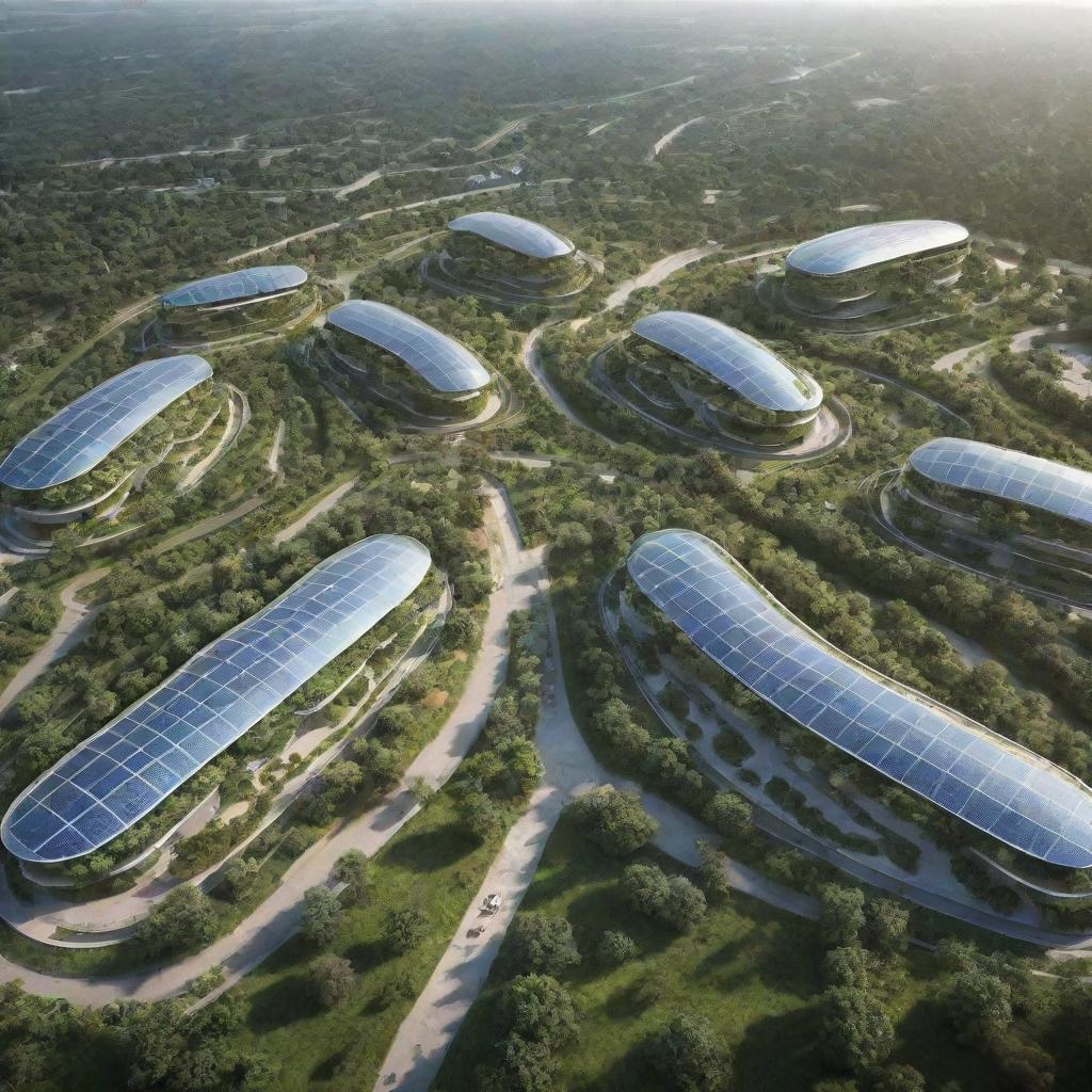 a futuristic, eco-friendly village with clean energy sources, cutting-edge technology, and lush greenery embodying the essence of a healthy environment