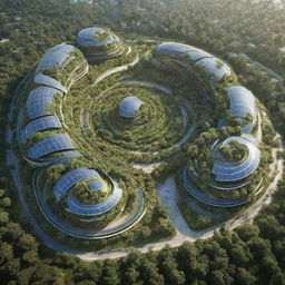 a futuristic, eco-friendly village with clean energy sources, cutting-edge technology, and lush greenery embodying the essence of a healthy environment