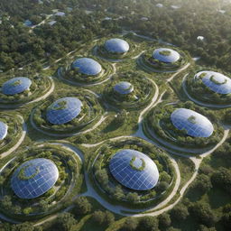 a futuristic, eco-friendly village with clean energy sources, cutting-edge technology, and lush greenery embodying the essence of a healthy environment