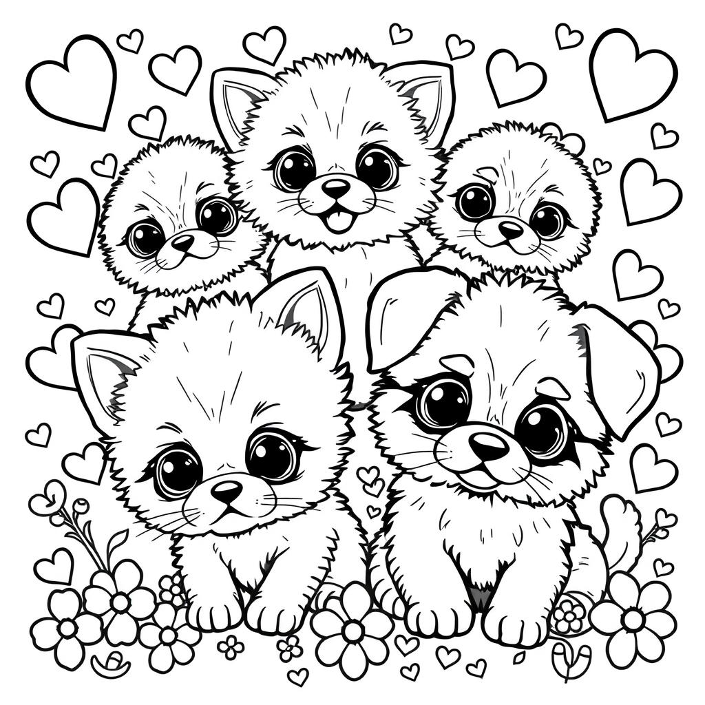 A kawaii-style coloring page featuring adorable kittens and puppies surrounded by playful elements like hearts and stars