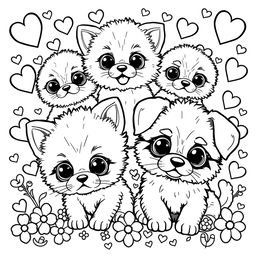 A kawaii-style coloring page featuring adorable kittens and puppies surrounded by playful elements like hearts and stars