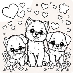 A kawaii-style coloring page featuring adorable kittens and puppies surrounded by playful elements like hearts and stars