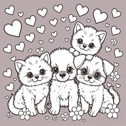 A kawaii-style coloring page featuring adorable kittens and puppies surrounded by playful elements like hearts and stars