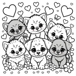 A kawaii-style coloring page featuring adorable kittens and puppies surrounded by playful elements like hearts and stars