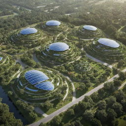 a futuristic, eco-friendly village with clean energy sources, cutting-edge technology, and lush greenery embodying the essence of a healthy environment