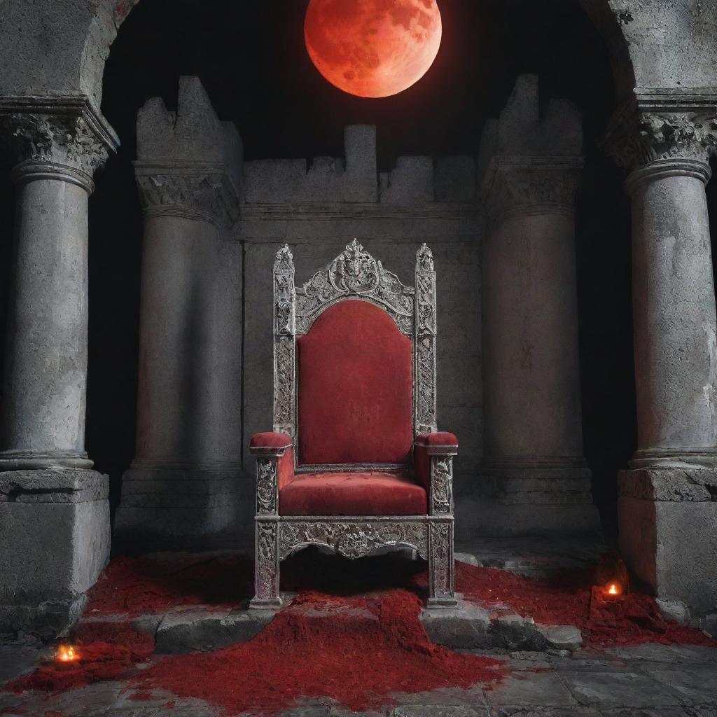 A majestic red and silver throne in the haunting ruins of a castle, bathed in the ominous light of a blood moon, with flickering flames and fallen soldiers scattered around