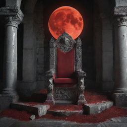 A majestic red and silver throne in the haunting ruins of a castle, bathed in the ominous light of a blood moon, with flickering flames and fallen soldiers scattered around