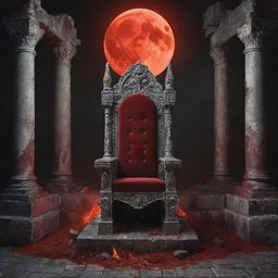 A majestic red and silver throne in the haunting ruins of a castle, bathed in the ominous light of a blood moon, with flickering flames and fallen soldiers scattered around