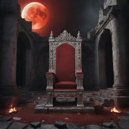 A majestic red and silver throne in the haunting ruins of a castle, bathed in the ominous light of a blood moon, with flickering flames and fallen soldiers scattered around