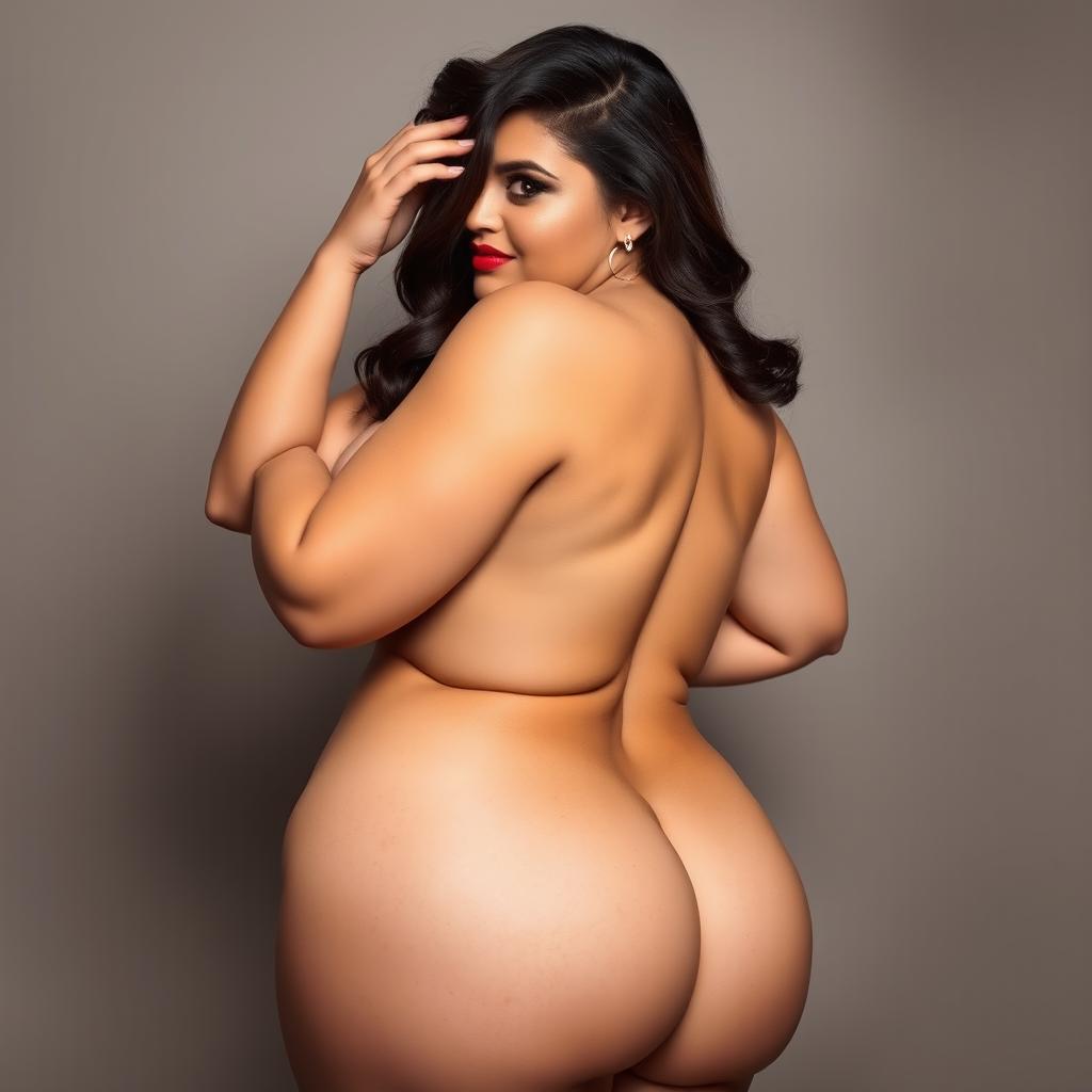 A voluptuous woman with a slim waist, accentuated curves, and an alluring presence, exuding a sensual and excited energy