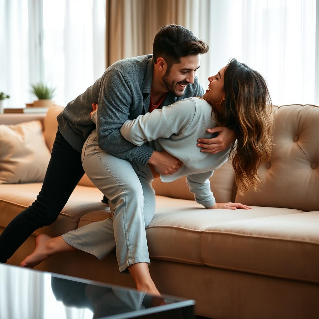 a young woman bending over on a soft, luxurious sofa, with her boyfriend playfully embracing her from behind, both sharing a moment of laughter and youthful affection