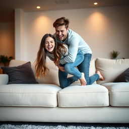 a young woman bending over on a soft, luxurious sofa, with her boyfriend playfully embracing her from behind, both sharing a moment of laughter and youthful affection