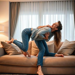 a young woman bending over on a soft, luxurious sofa, with her boyfriend playfully embracing her from behind, both sharing a moment of laughter and youthful affection