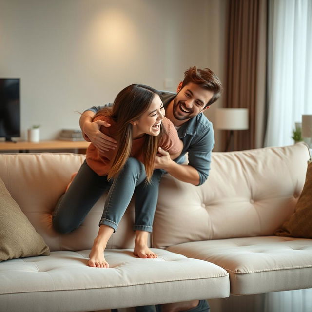 a young woman bending over on a soft, luxurious sofa, with her boyfriend playfully embracing her from behind, both sharing a moment of laughter and youthful affection