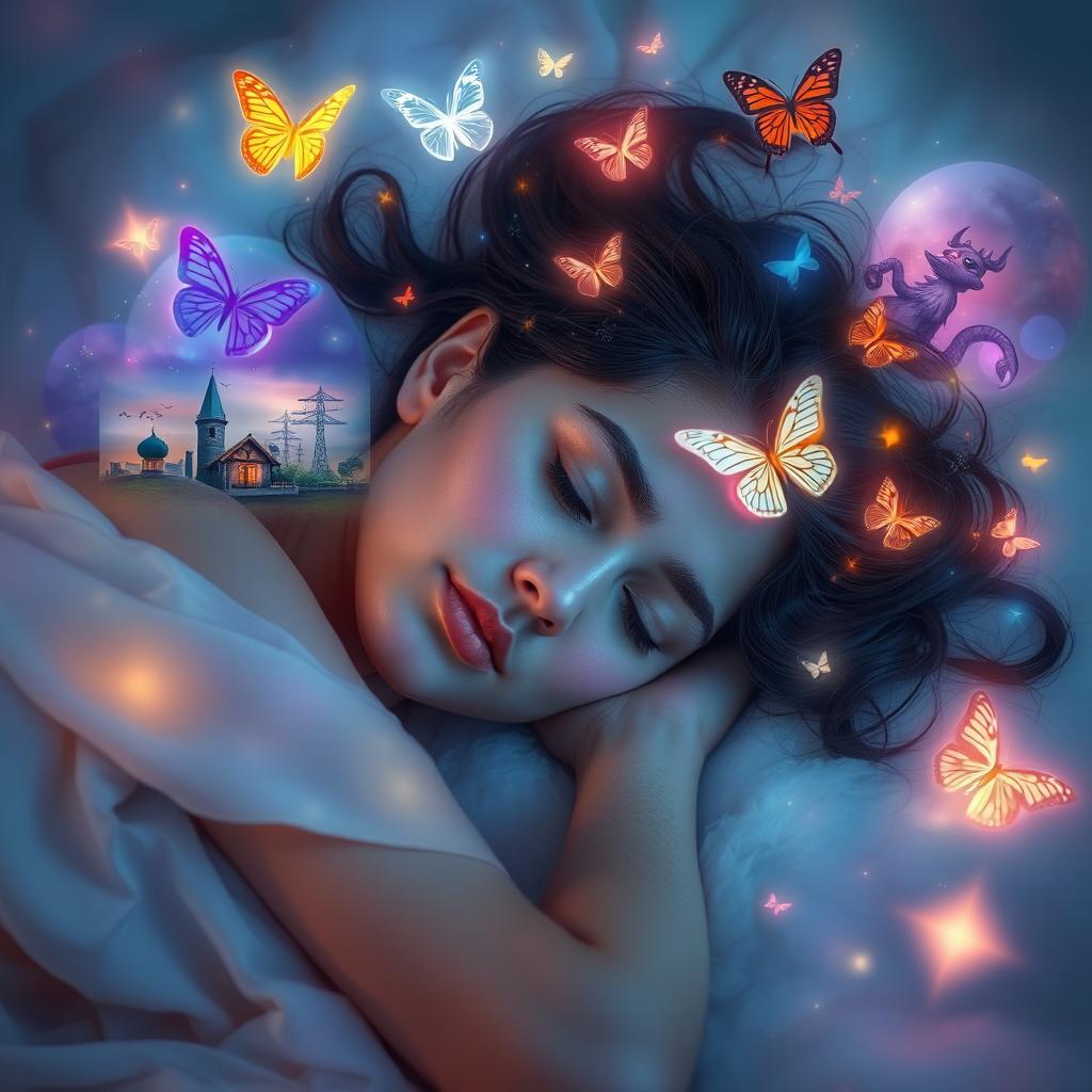 A woman peacefully sleeping, surrounded by an ethereal dreamlike ambiance, as her subconscious adventures unfold in vivid colors