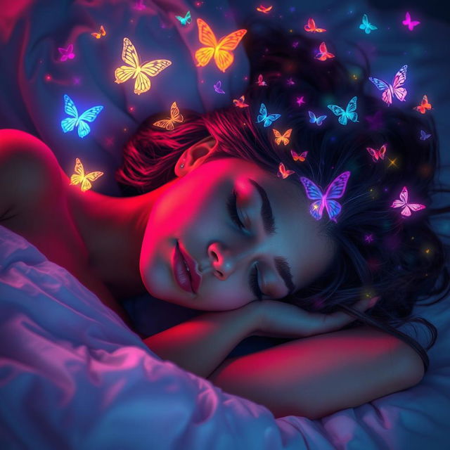 A woman peacefully sleeping, surrounded by an ethereal dreamlike ambiance, as her subconscious adventures unfold in vivid colors