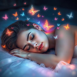 A woman peacefully sleeping, surrounded by an ethereal dreamlike ambiance, as her subconscious adventures unfold in vivid colors