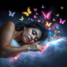 A woman peacefully sleeping, surrounded by an ethereal dreamlike ambiance, as her subconscious adventures unfold in vivid colors