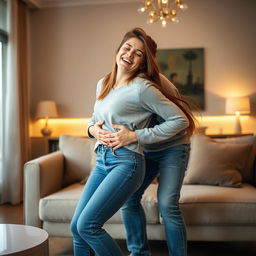 a young woman bending over on a stylish sofa in a contemporary living room, with her boyfriend playfully embracing her from behind, both sharing a moment of laughter and lighthearted affection