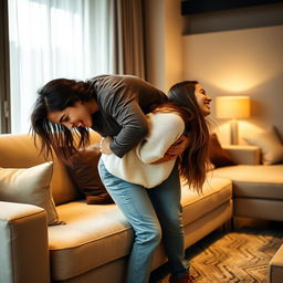 a young woman bending over on a stylish sofa in a contemporary living room, with her boyfriend playfully embracing her from behind, both sharing a moment of laughter and lighthearted affection