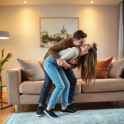 a young woman bending over on a stylish sofa in a contemporary living room, with her boyfriend playfully embracing her from behind, both sharing a moment of laughter and lighthearted affection