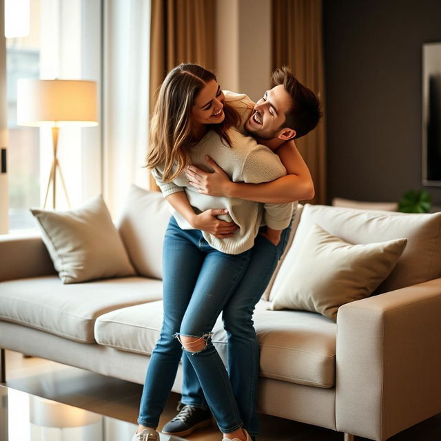 a young woman bending over on a stylish sofa in a contemporary living room, with her boyfriend playfully embracing her from behind, both sharing a moment of laughter and lighthearted affection